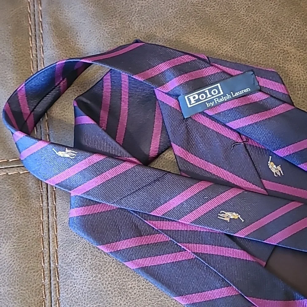 Polo Ralph Lauren 100% Silk Tie Navy Purple Stripes Preppy Designer Business